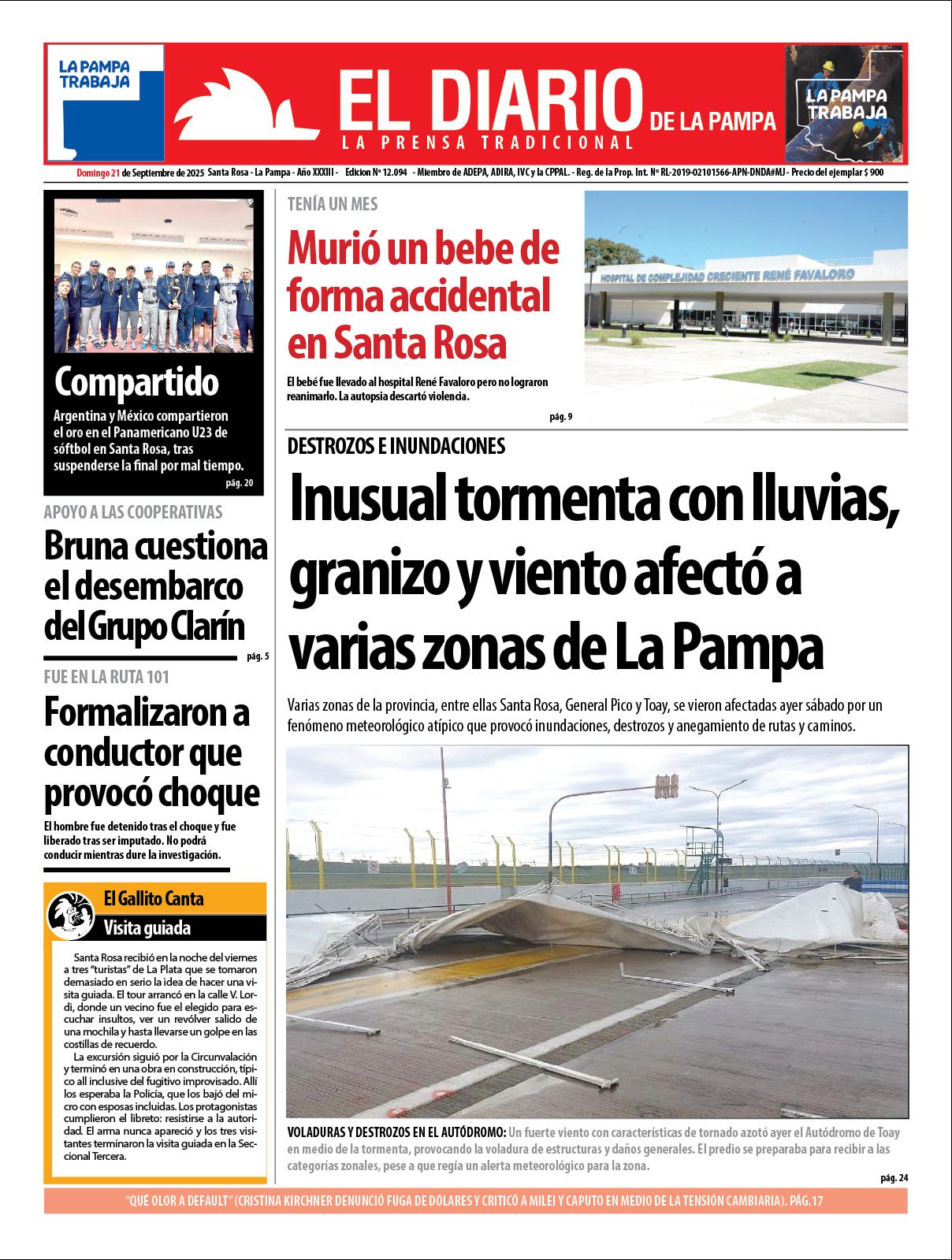 Tapa de El Diario en papel  domingo 21 de septiembre de 2025